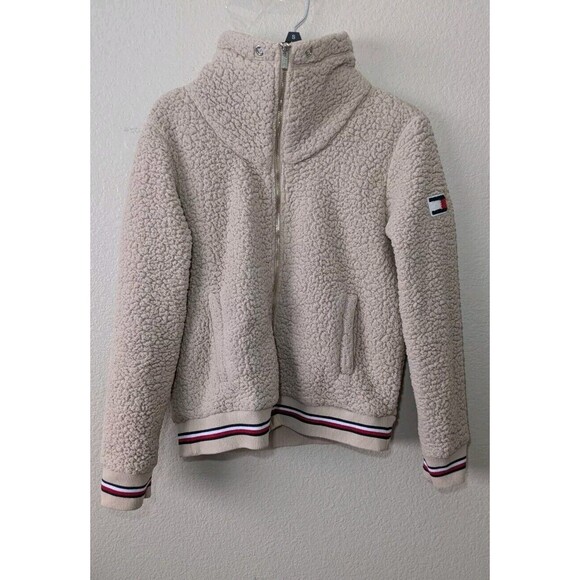 Tommy Hilfiger Sherpa Jacket Womens Small Beige Bomber Teddy Pockets - Picture 1 of 11